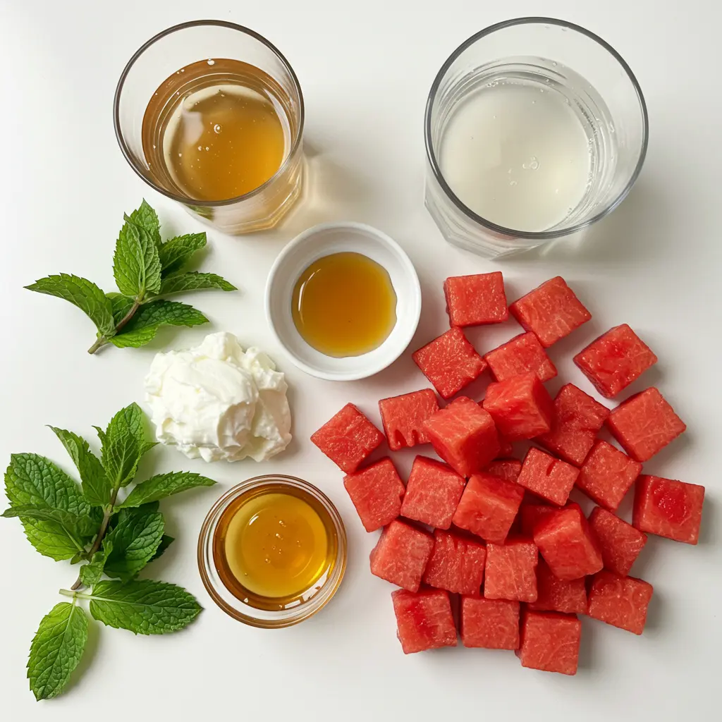 Subak Hwachae Subak Hwachae ingredients on a white background with watermelon, soda, and mint