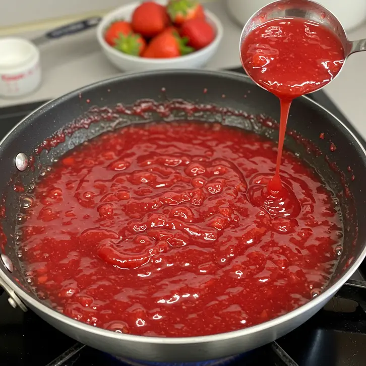 Cooking strawberry purée in a pan for Korean strawberry milk