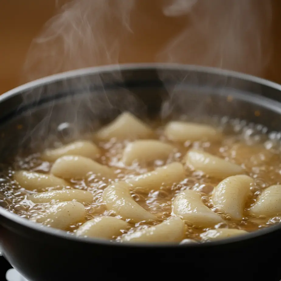 Omegi‑tteok Boiling Omegi‑tteok in a pot