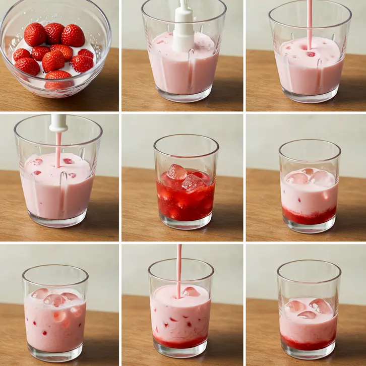 Step-by-step Korean strawberry milk with ice and milk pouring into glass