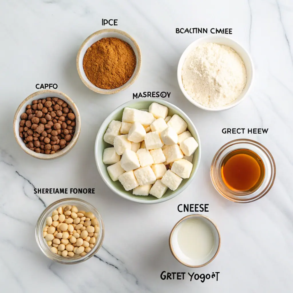 Injeolmi Tiramisu Injeolmi tiramisu ingredients flat lay
