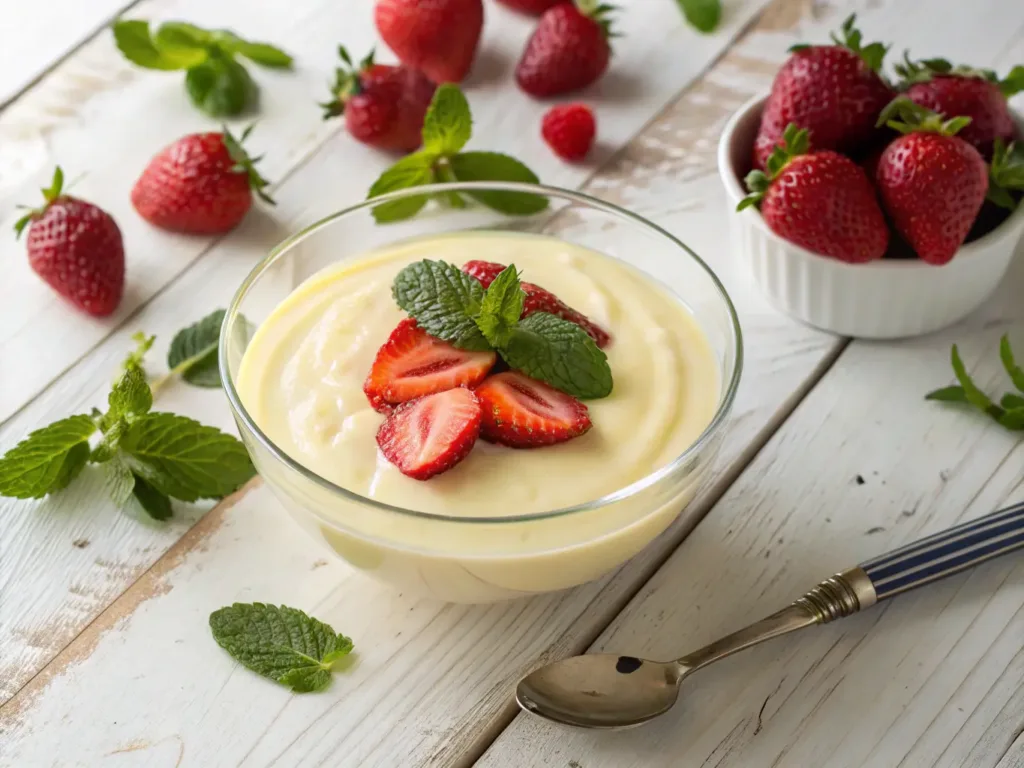 Vanilla Custard Recipe A glass bowl of chilled vanilla custard