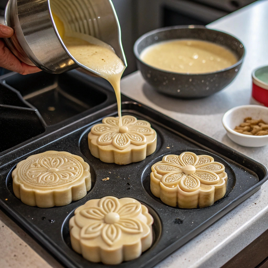 Gukhwa‑ppang flower pastry recipe adding red bean paste to Gukhwa‑ppang in mold pan
