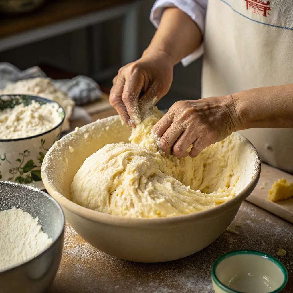 gaeseong juak rice donuts “mixing gaeseong juak dough”