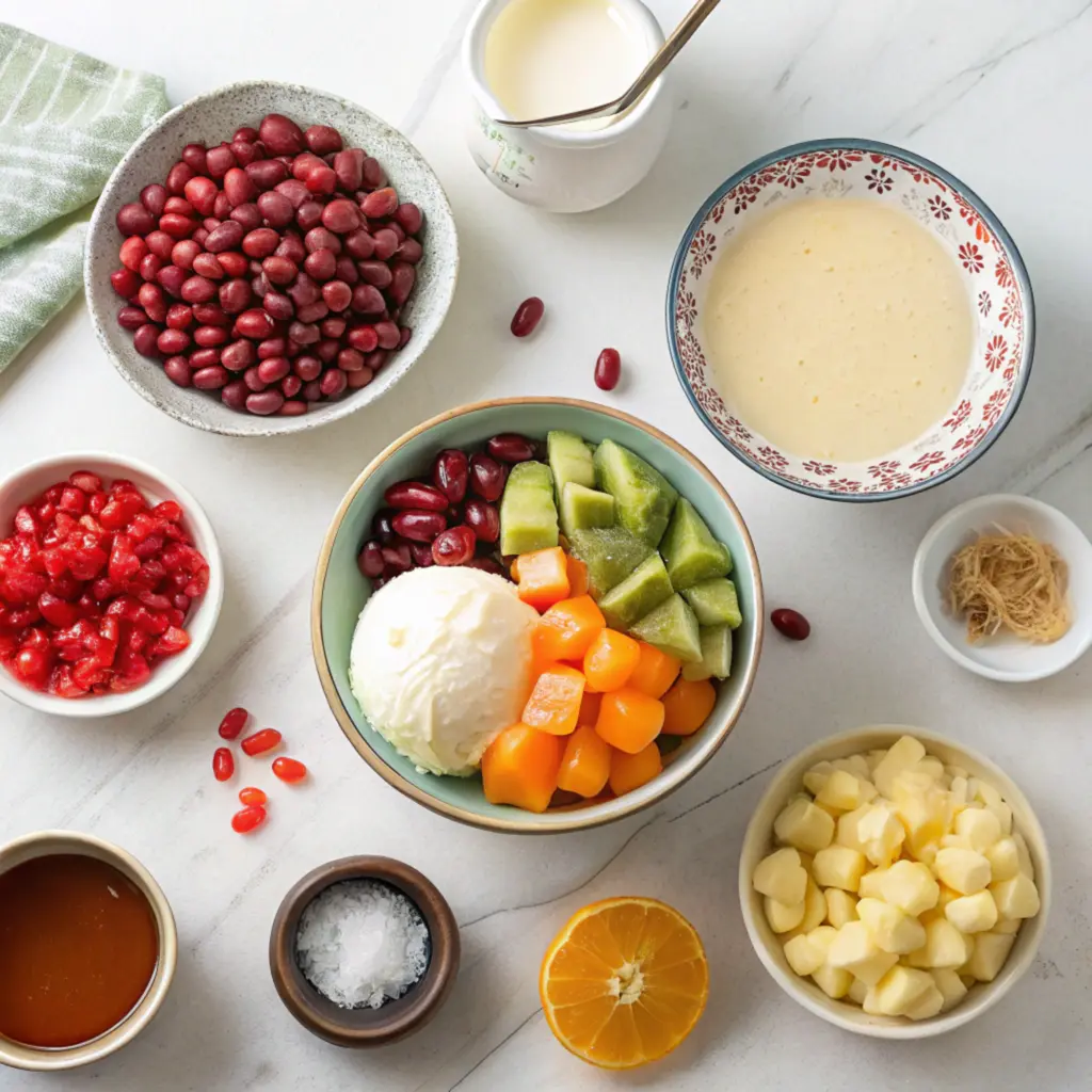 patbingsu ice shaver Patbingsu Ice Shaver: Best Picks & Pro Tips for Fluffy Korean Dessert Bliss - overhead shot of ingredients for patbingsu red be