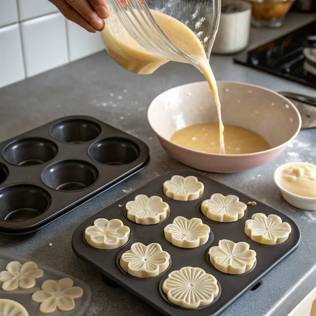 Gukhwa‑ppang flower pastry recipe Gukhwa‑ppang batter pouring into mold pan