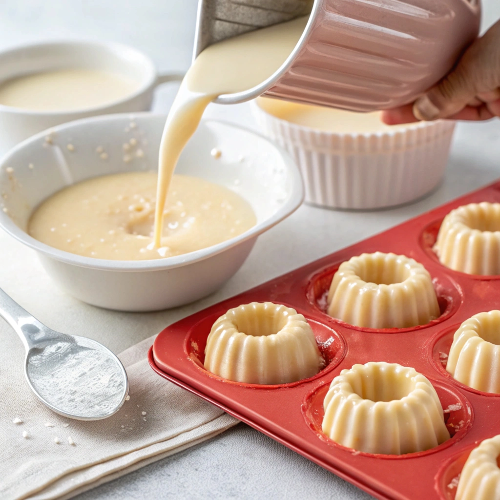 Sweet Rice Mini Bundt Cake Batter in mini bundt molds