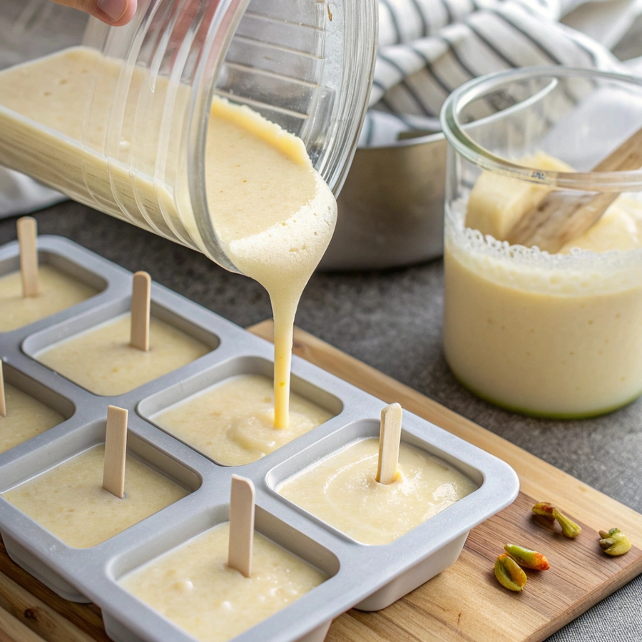 korean banana milk popsicle recipes pouring banana milk into popsicle molds