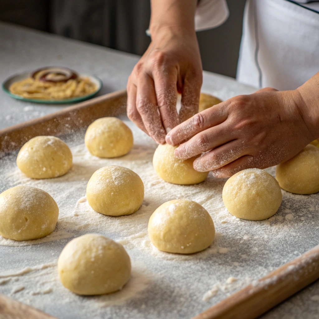 air fryer Korean hotteok dessert Korean hotteok pastries arranged in an air fryer basket before cooking.
