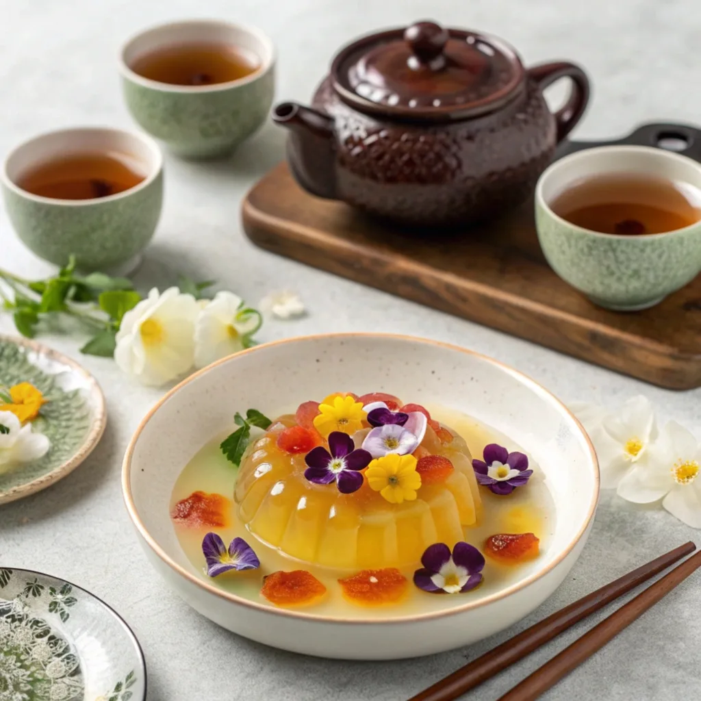 gwapyeon fruit jelly Korean dessert “Serving Korean fruit jelly with tea”